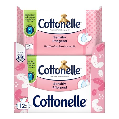 cottonelle feuchtes toilettenpapier, sensitive, parfümfrei, biologisch abbaubar, 12 x 42 stück