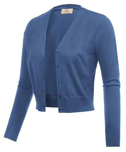 grace karin Damen Strickjacke V-Ausschnitt langarm Bolero kurz blau L winter