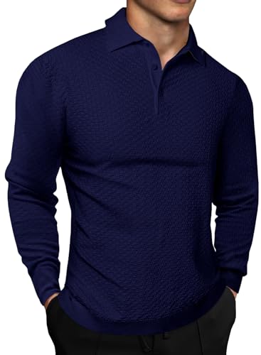 elegancity herren langarm poloshirt einfarbig gestrickt casual golfshirt blau L