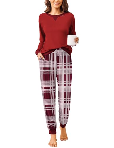Produktbild: ekouaer damen schlafanzug lang rot, zweiteiliger winter pyjama set, rundhals langarm, größe L