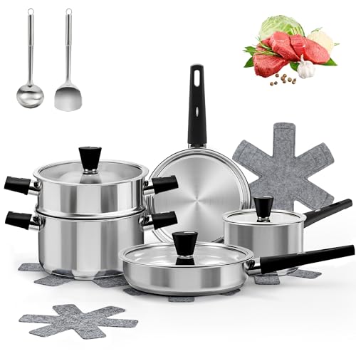 Produktbild: edelstahl topf und pfannen set 14-teilig induktions kochtopfset mit dampfer und utensilien