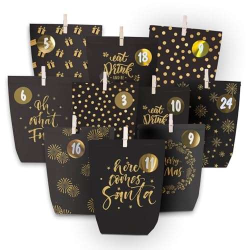 Adventskalender Tüten zum Befüllen, 24 bedruckte Kraftpapiertüten im schwarzgoldenen Design, DIY Weihnachtskalender