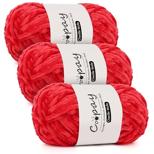 chenille wolle zum häkeln Coopay 3x100g rot flauschige plüschwolle für decken schals