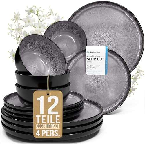Steingut Geschirrset 4 Personen Ibiza 12 tlg. Tafelservice Grau