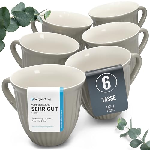 steingut kaffeetassen set für 6 personen, hellbraun, skandinavisches design, pure living