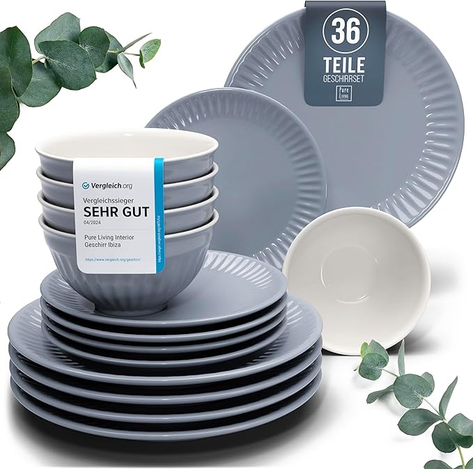 steingut geschirrset 12 personen 36 tlg grau blau tafelsset pure living