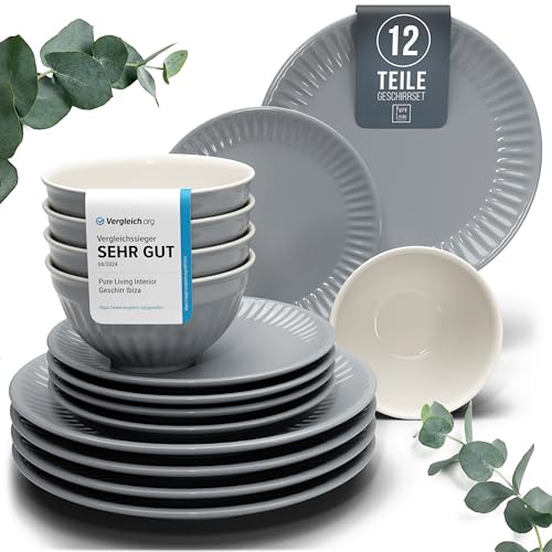 steingut geschirrset 12-tlg für 4 personen graublau schüssel und teller set pure living