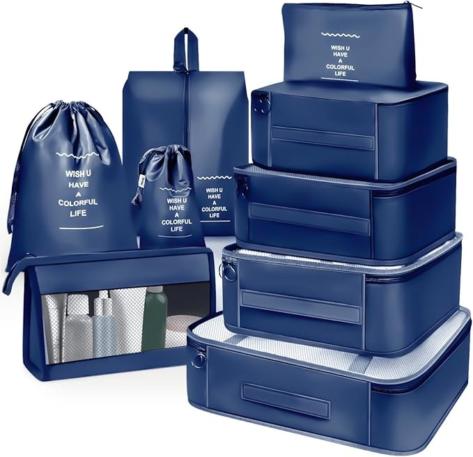 koffer organizer set 9 pcs packing cubes für reise mit kosmetiktasche marineblau