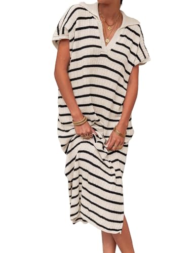 imily bela kurzarm pulloverkleid gestreift v-ausschnitt sexy mit schlitz, sommerkleid