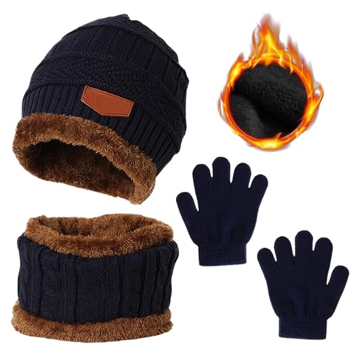 kinder hut schal handschuhe set 3 in 1, thermal knit, plüsch innenfutter, navy blau, goedch