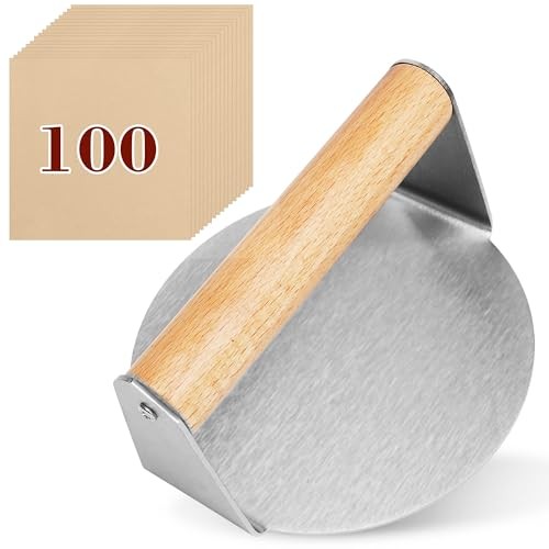 Edelstahl Smash Burgerpresse mit 100 Blättern Backpapier für Grill und Hamburger