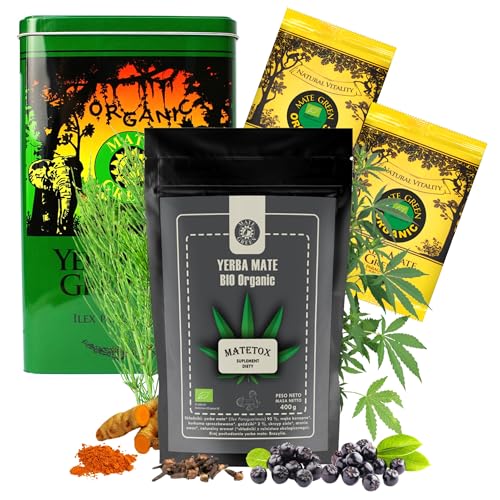 yerba mate bio set, matetox tee 400g mit nelken, yerba mate green bio 100g, steel box