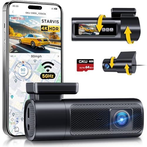 GKU 4K Dashcam Auto vorne hinten mit 5GHz WiFi, GPS, 24H Parküberwachung, 64G SD Karte