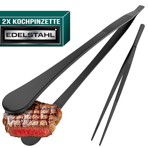 kochpinzette edelstahl set 2 stück 30 cm von 4happy, runde und spitze pinzette schwarz