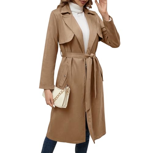 obeeii trenchcoat damen lang faux wildleder mantel herbst winter jacke khaki M