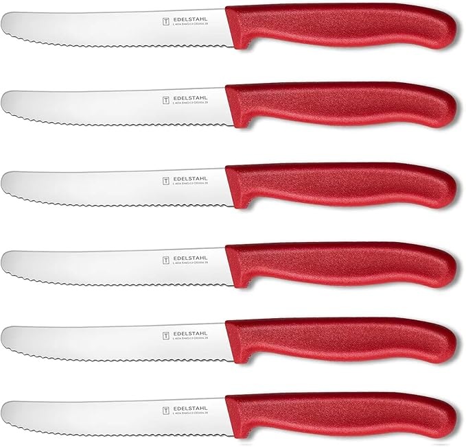 targzier tomatenmesser 6er set, hochqualitative brotzeitmesser mit wellenschliff, rot