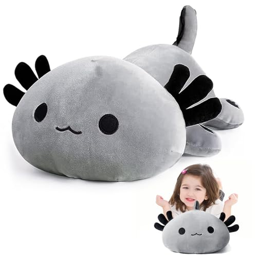 kuscheltier axolotl plüschtier grau, kawaii axolotl stofftier, plüschkissen 33cm