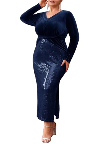 hanna nikole damen kleid v-ausschnitt samt pailletten langarm hipster marineblau 46