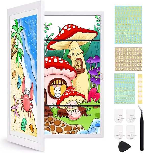 Bilderrahmen A3 Weiß für 150 Kinderzeichnungen - 34x46cm mit Klammern und Leine