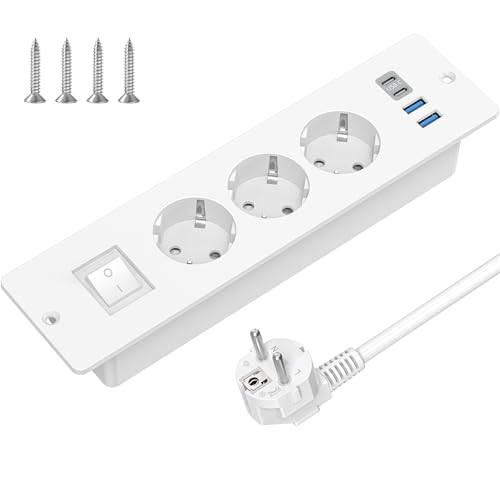 tischplatte mit versenkter steckdose und usb c, 3 fach einbausteckdose, 2m kabel (weiß)