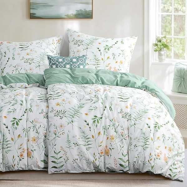 Aisbo Bettwäsche Set 135x200 Blumen Grün Mikrofaser 4-teilig mit 2 Kissenbezügen