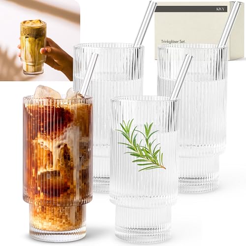 kivy geriffelte gläser 310ml mit strohhalm - longdrinkgläser set für cocktails und eiskaffee