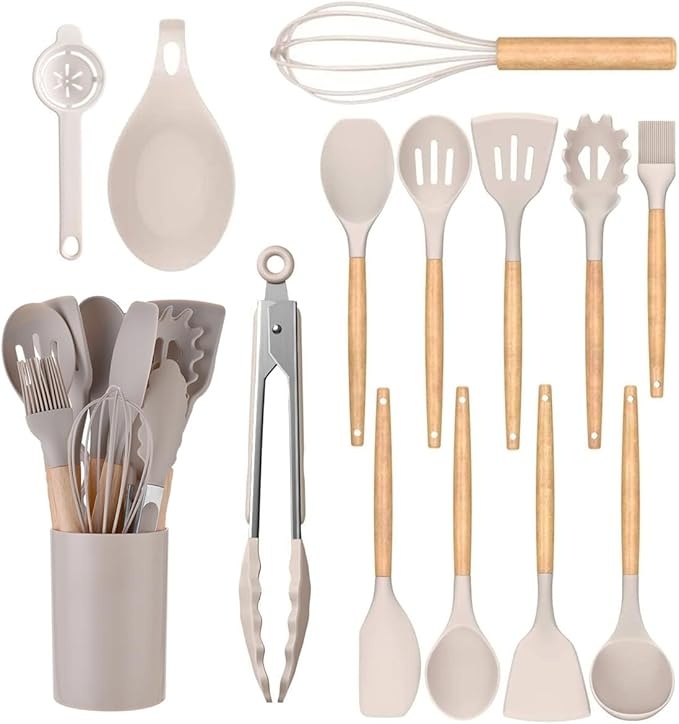 14 Silikon Teller für Küchenmöbel, spülmaschinenfest, mit Holzgriff