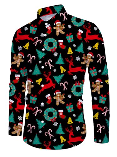 alisister herren weihnachtshemd 3D lebkuchenmann langarm shirt für party winter
