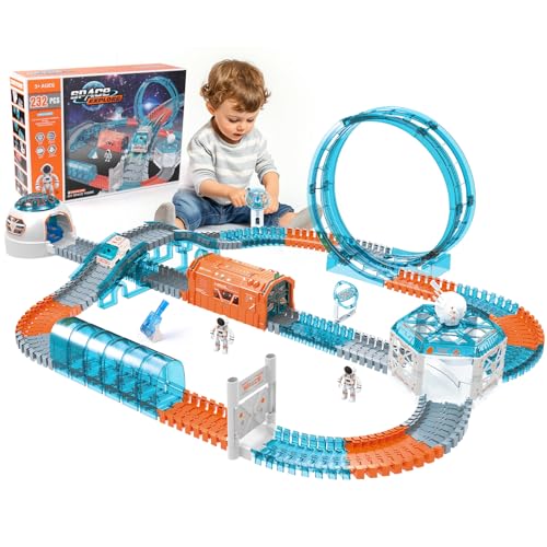 zwoos autorennbahn set mit elektroauto und astronautenpuppen, 232 pcs, weltraumthema für kinder 3-6 jahre