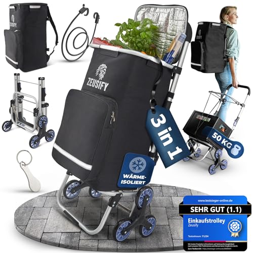 Produktbild: Einkaufstrolley Klappbar 50L, Treppensteiger, Kühlfach, Wasserfest, Faltbar, Schwarz