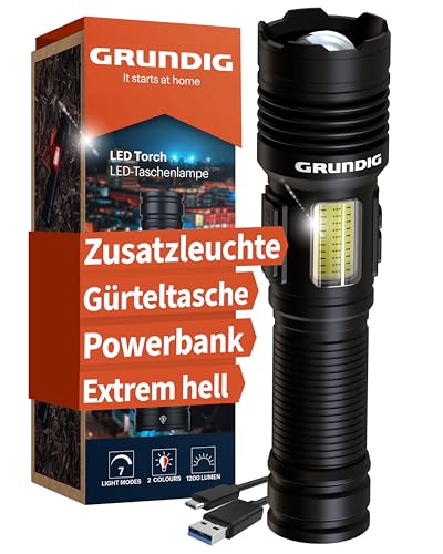 grundig led taschenlampe aufladbar, extrem hell, aluminiumsgehäuse, usb notfallladung