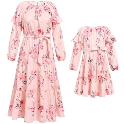 idopip Mutter Tochter Kleid langarm Herbst Winter Maxikleid Familien Boho rosa M