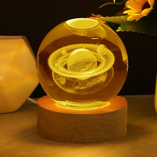 3D kristallkugel nachtlicht, vicloon saturn lampe 6cm mit holzsockel, geschenk für astronomiefans