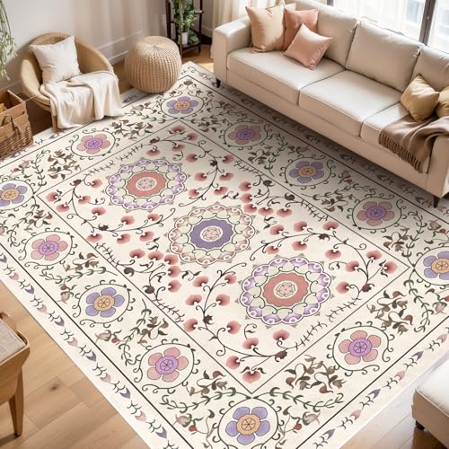 beige teppich 140x200cm tospass boho kurzflor blumen anti-rutsch waschbar