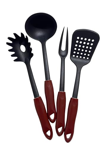 4-teiliges utensilien-set schwarz und rot - suppenkelle, spaghetti-löffel, gabel, wender