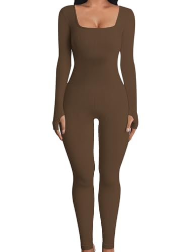 Produktbild: oyigelz damen yoga jumpsuit langarm gerippt workout overall braun Größe S