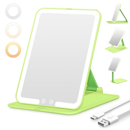 kosmetikspiegel mit beleuchtung, auxmir faltbar, usb wiederaufladbar, 3 lichtfarben, grün