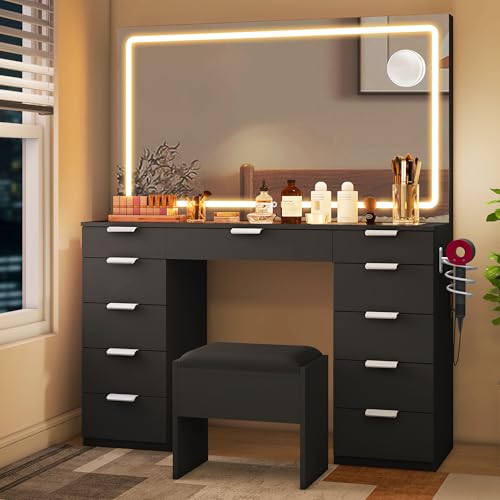 yitahome schminktisch mit led, 11 schubladen, modern, schwarz