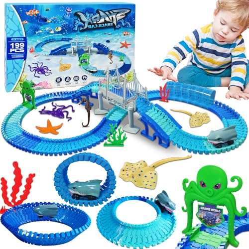rennspielzeug kinder 3-8 jahre, 199 teile elektrisches hai rennbahn, diy autorennbahn, unterwasserwelt