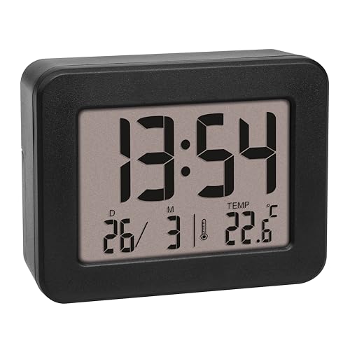 tfa dostmann digitale mini wecker schwarz, batteriebetrieben, laut, mit temperatur und datum
