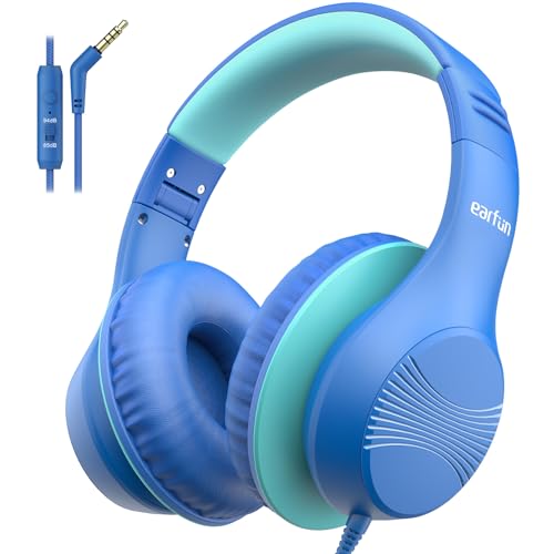 earfun k3 kinder kopfhörer mit kabel, lautstärkenbegrenze 85/94dB, faltbar, blau, rosa