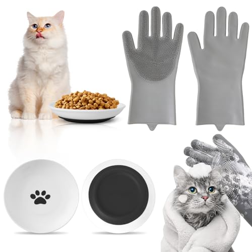 Produktbild: katzennapf keramik mit massagehandschuh, rutschfest, anti whisker fatigue, futternapf für katzen