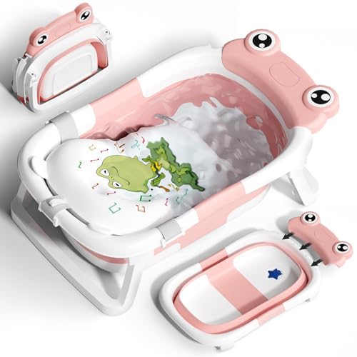 cooseya faltbare babybadewanne mit stützkissen, portable badewanne für neugeborene (rosa)