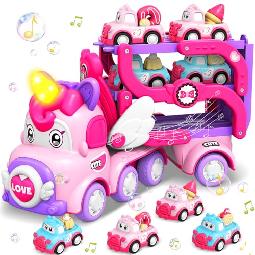 pourbibi autotransporter spielzeug mädchen 2 jahre mit licht und musik geschenk einhorn