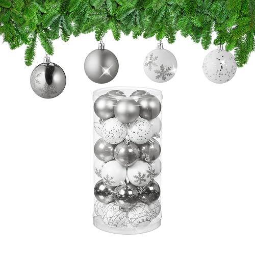 weihnachtskugeln 30er set von relaxdays, bruchsicher, silber-weiß, 6 cm, dekoration