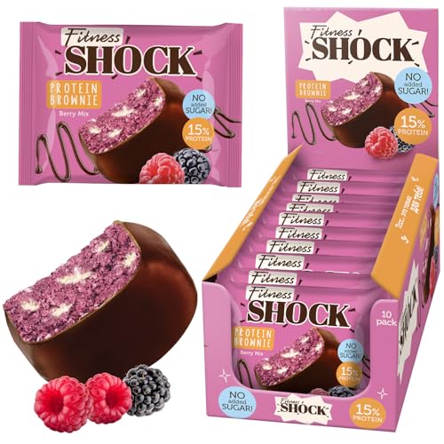 fitnesshock brownie mixbox himbeere brombeere, 15% eiweiß, ohne zuckerzusatz, 10 stück