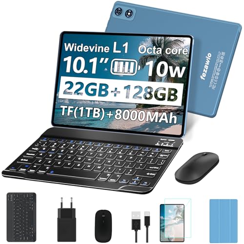 Produktbild: fezawio tablet android 14 10 zoll 22gb ram 128gb rom octa-core 5g mit tastatur maus und hülle