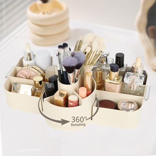 cinnani make up organizer 2-in-1 drehbar mit griff für kosmetik und skincare beige