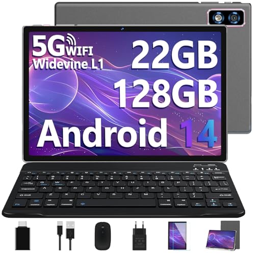 Produktbild: 10 Zoll Android 14 Tablet 2025, 22GB RAM, 128GB ROM, Octa-Core, 5G, Grau - mit Tastatur und Maus