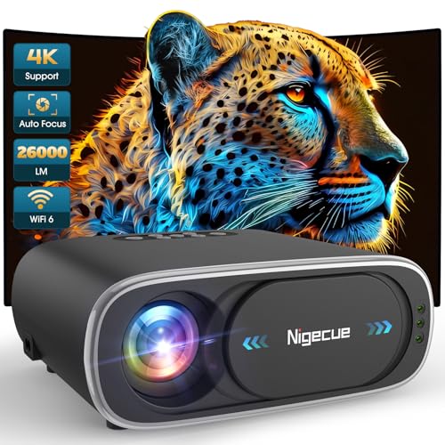 Nigecue 4K Beamer mit Autofokus, Trapezkorrektur, 26000L, WiFi6, Bluetooth, 300" Display